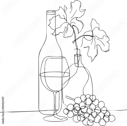 Wine bottle with glass, grapes and leaves, sketch hand drawn still life. Vector illustration