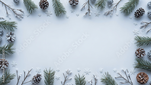 A beautiful and serene natural winter frame of evergreen boughs and frosted pinecones, creating a perfect seasonal backdrop for your festive content