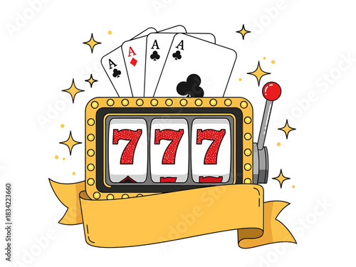 Cartoon slot machine showing 777 jackpot and four aces playing cards