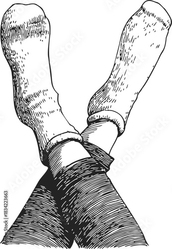 Crossed legs in socks sketch, hand drawn style, relaxed casual pose. Vector illustration