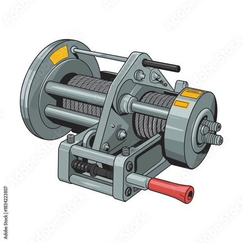 A heavy-duty winch, construction style, transparent background.
