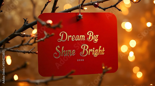 Dream Big Shine Bright 2026 on red message sign hanging on Christmas tree