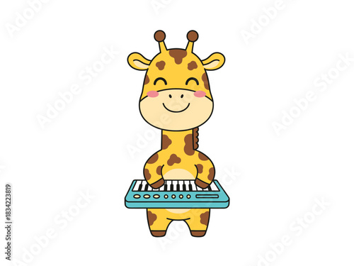 Cute cartoon giraffe character playing electronic keyboard music