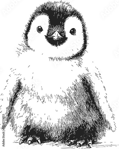 Penguin chick sketch hand drawn fluffy baby bird front view. Vector illustration
