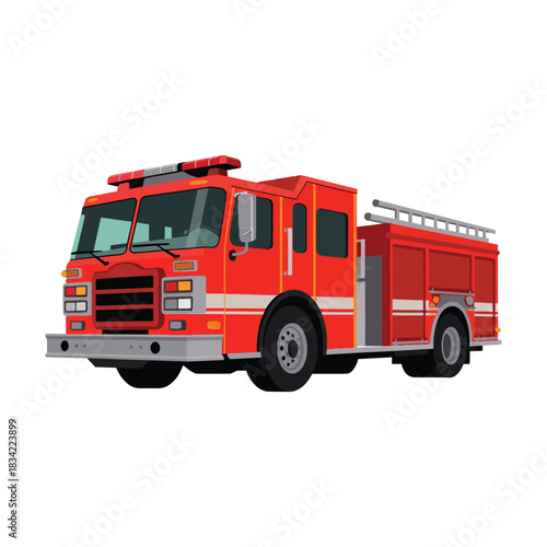 Red fire truck emergency rescue vehicle isolated on white.