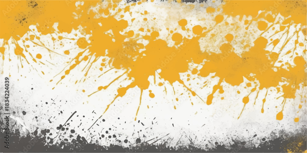 Fototapeta premium An artistic grunge vector illustration featuring a vibrant yellow and orange watercolor paint splash with ink splatters and brush texture on a dirty abstract frame backdrop design