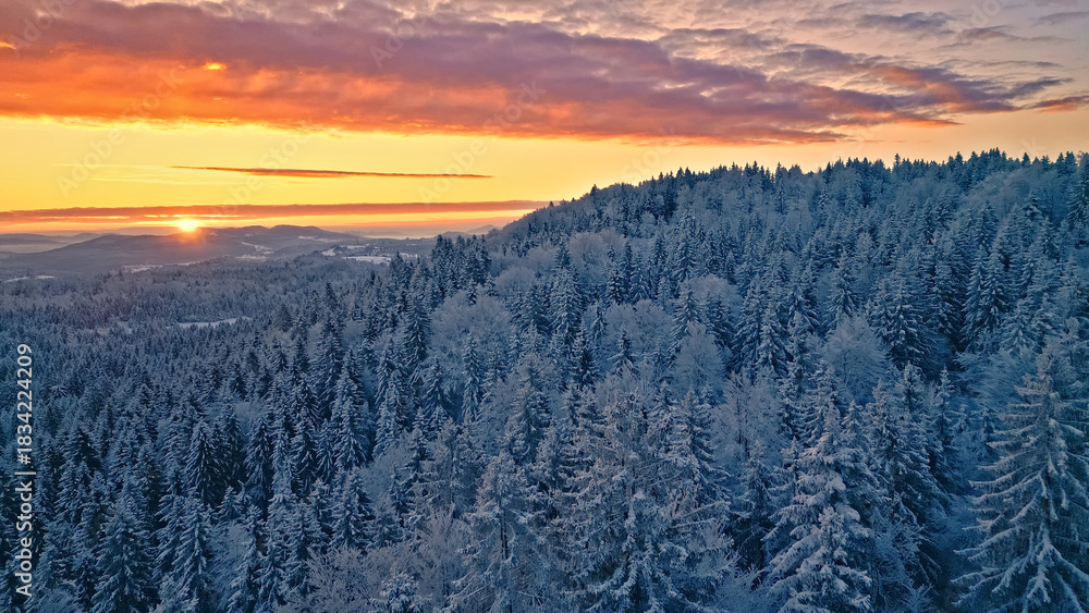 Obraz premium Breathtaking winter landscape at sunset, snow-covered evergreen trees under a vibrant, colorful sky. Serene beauty of nature in cold temperatures, contrasting icy forest with warm sunset hues.