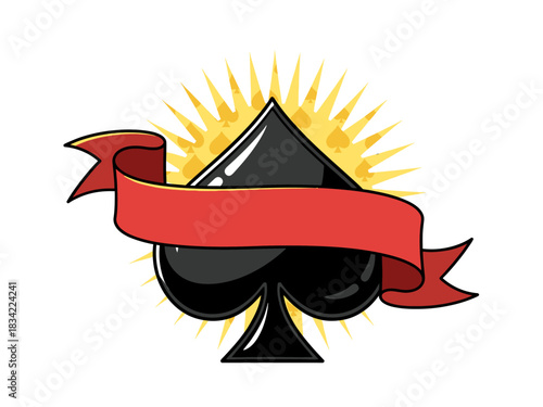 Tattoo style ace of spades symbol with blank red ribbon banner