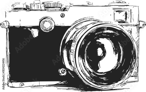 Vintage camera sketch, hand drawn style, detailed retro photography equipment. Vector illustration