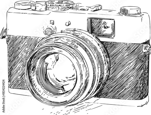 Vintage camera sketch hand drawn style with detailed lens and body. Vector illustration