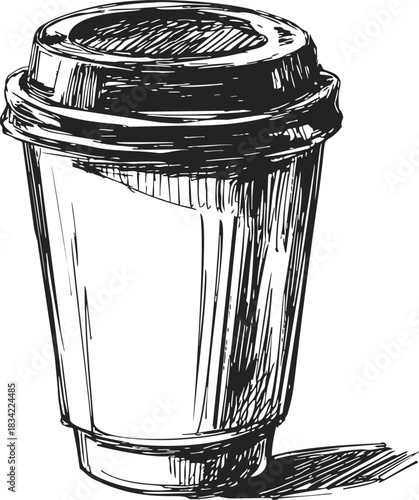 Coffee cup with lid sketch, hand drawn takeaway beverage container. Vector illustration