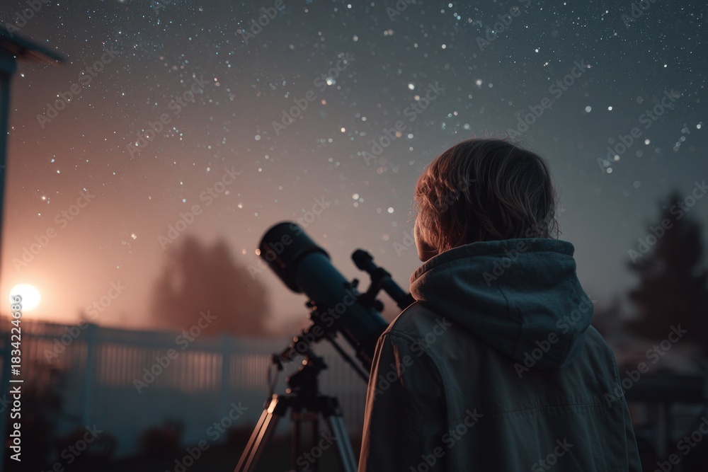 Obraz premium Child with telescope and night sky with stars on the background, curiosity and wonder concept