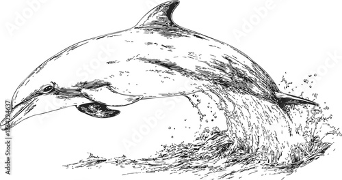 Dolphin sketch hand drawn jumping out of water with splashes. Vector illustration