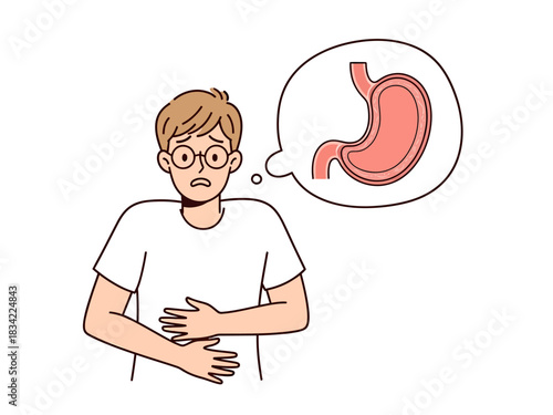 Man suffering from stomach ache with stomach anatomy in thought bubble illustration