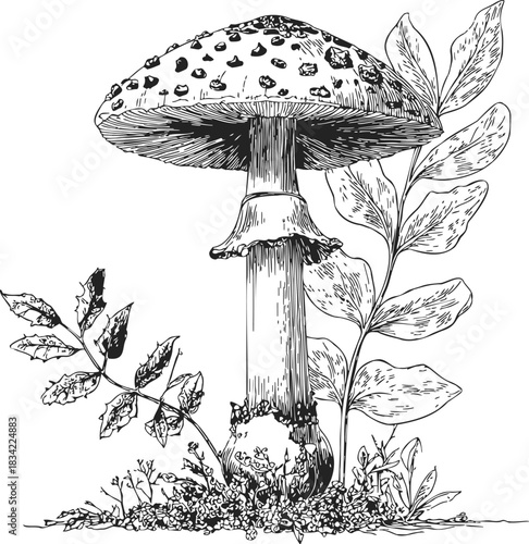 Mushroom sketch hand drawn with botanical leaves and forest ground. Vector illustration