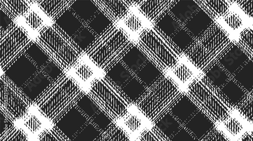 Black and white plaid pattern, sketch hand drawn, diagonal crisscross lines. Vector illustration