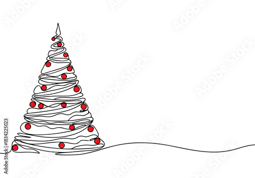 A minimalist continuous line art drawing of a Christmas tree adorned with red ornaments, perfect for holiday celebrations and festive season designs