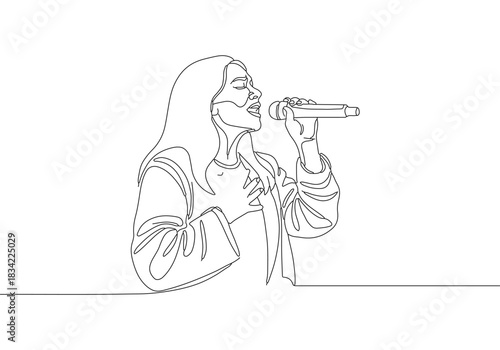 Continuous line art drawing of a female singer performing with passion, capturing the beauty of music and expression