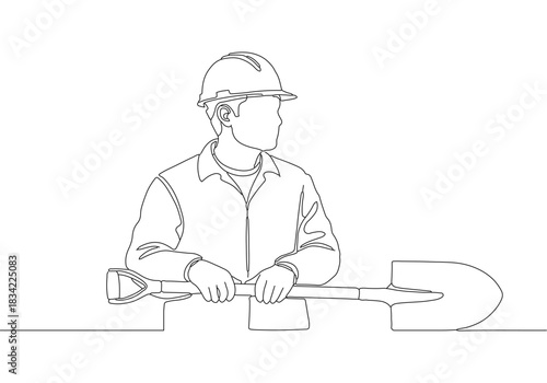 Professional worker in hard hat holding a shovel, a continuous line art drawing illustration