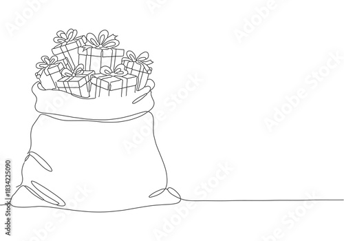 Elegant continuous line art drawing depicting a generous sack overflowing with festive presents