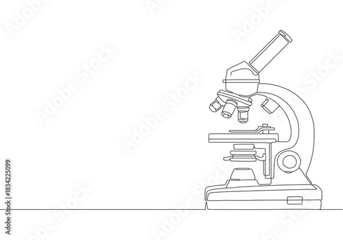 Detailed continuous line art drawing of a scientific optical microscope for laboratory research and study