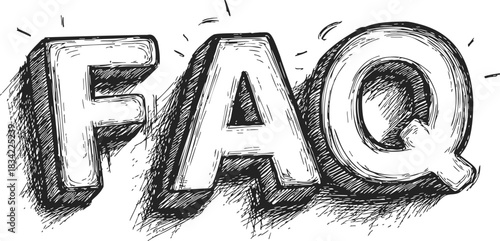 FAQ bold letters sketch, hand drawn style, dynamic shading, black and white. Vector illustration