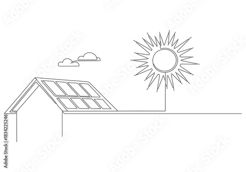 Continuous line art drawing of a house with solar panels, depicting renewable energy technology for sustainable living solutions