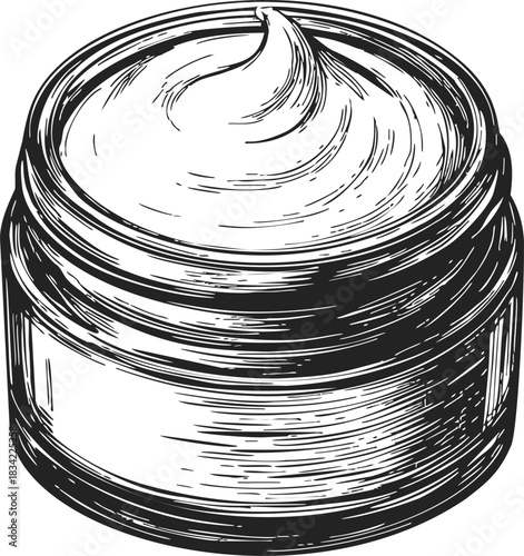 Cream jar sketch hand drawn style with open lid and swirl of cream. Vector illustration