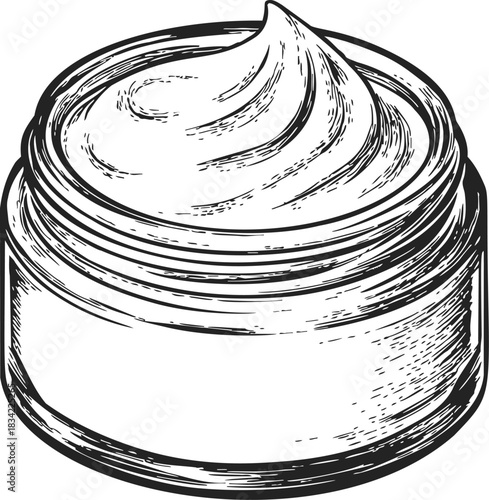 Cream jar sketch hand drawn style with open lid and swirl of cream. Vector illustration