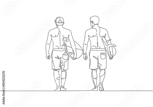 Wallpaper Mural Continuous line art drawing of two male surfers walking on the beach with their boards, ready for ocean waves Torontodigital.ca