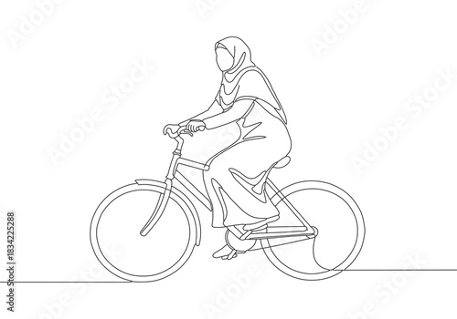 Elegant continuous line art drawing depicts a Muslim woman in a hijab gracefully riding a bicycle with freedom
