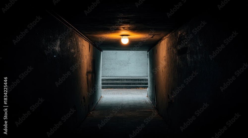 Fototapeta premium A narrow tunnel with dark walls and distant light sources. Travel magazines, destination brands