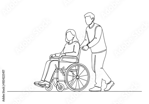 Continuous line art drawing of a caregiver pushing a woman in a wheelchair, illustrating support and mobility assistance
