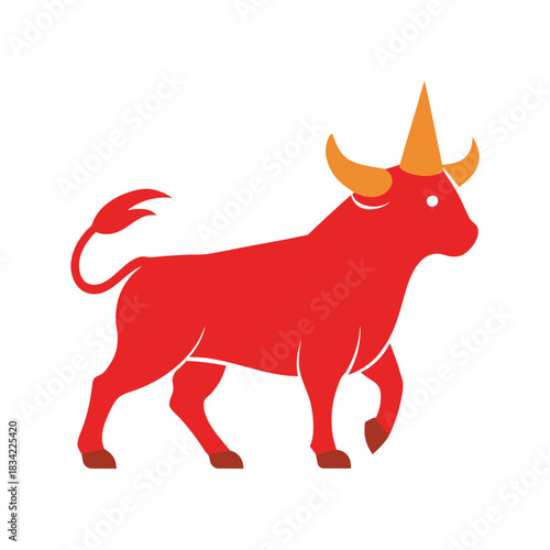 Bull with New Year hat golden bull silhouette with red party hat, white background