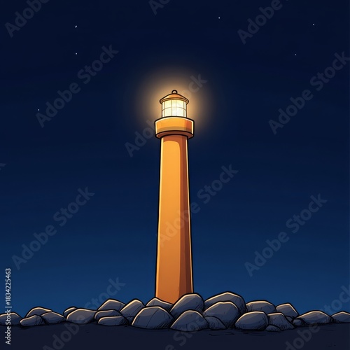 Tall orange lighthouse with glowing top stands above dark rocks against night sky
