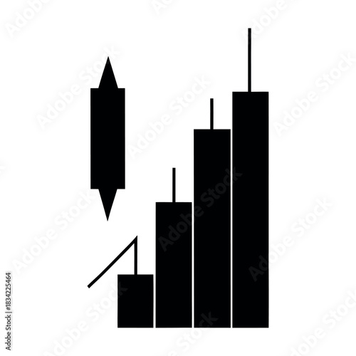 Minimal silhouette of a stock chart arrow shaped like a candle, black fill, white background