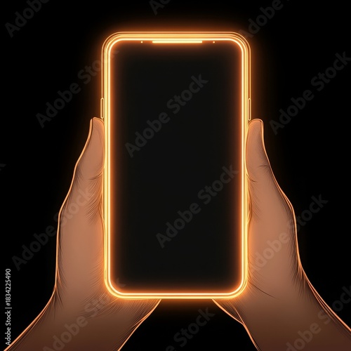 Hands holding glowing smartphone with black screen and bright orange neon outline