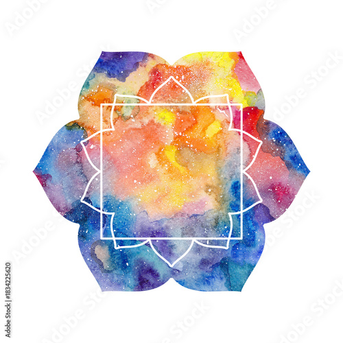 Illustration of mandala shape with white frame. Multicolored colorful watercolor texture, background. Oriental ethnic asian lotus flower symbol sign, chakra silhouette. Orange blue colors.