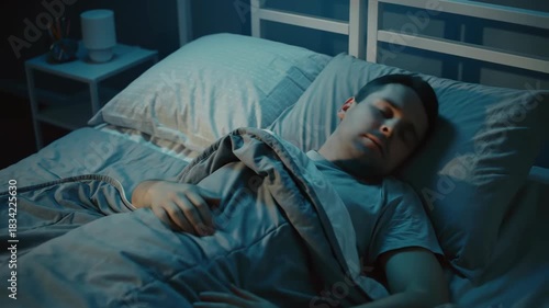 One man sleeping in bed under blanket at night. Calm sleep, rest concept.
