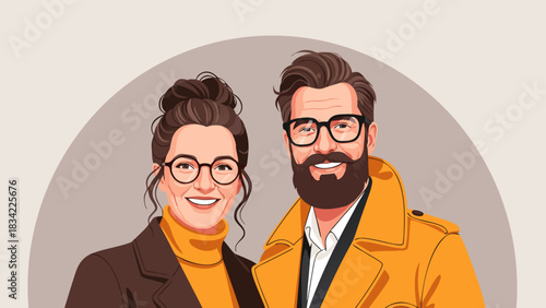Portrait of a Stylish Couple in Eyeglasses A Modern Vector Illustration for Design Projects