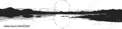Sunset landscape sketch hand drawn with mountains and lake reflection. Vector illustration