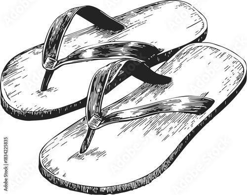 Flip-flops sketch hand drawn summer sandals with textured straps. Vector illustration