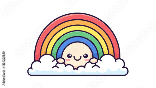 Cute Rainbow with Clouds Cartoon Illustration – Kawaii Smiling Sky Character Vector Icon