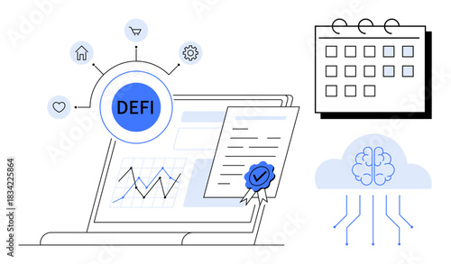 Laptop with DEFI network hub, analytics chart, certified document, AI cloud, and calendar icon. Ideal for blockchain, fintech, smart contracts AI planning data management innovation. Simple flat
