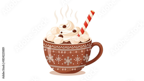 Festive Hot Cocoa Mug with Whipped Cream Vector