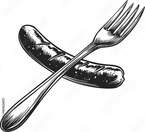 Sausage and fork sketch hand drawn crossed on white background. Vector illustration