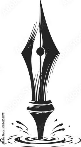 Fountain pen nib sketch, hand drawn style with ink splash detail. Vector illustration