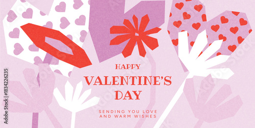 Happy Valentine’s Day card with abstract heart flowers on purple background. Childlike paper collage style. Romantic floral greeting for posters and banners.