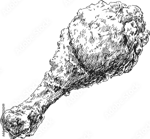 Fried chicken drumstick sketch, hand drawn crispy breaded meat detailed. Vector illustration