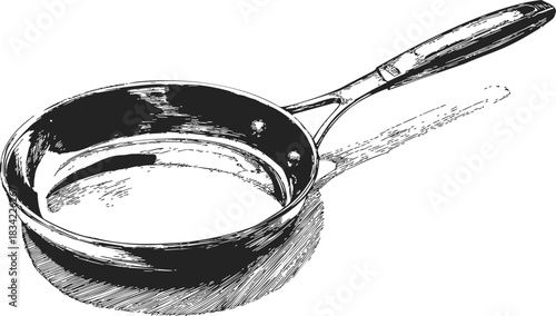 Frying pan sketch, hand drawn style with detailed handle and shadow. Vector illustration